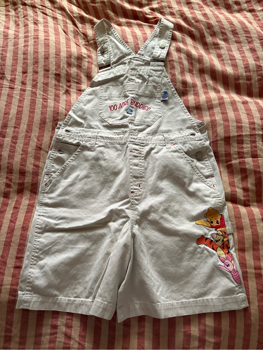 Y2K Winnie the Pooh '100 Acre Buddies' cream Denim Short Overalls